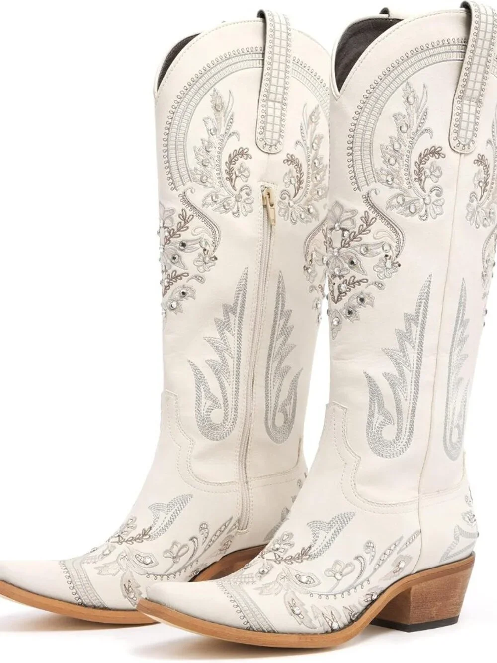 Girls White Embroidered Rhinestones Knee High Pointed Toe Chunky Shoes Boots